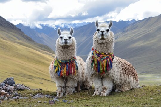 Two llamas adorned with vibrant necklaces in a mountainous landscape