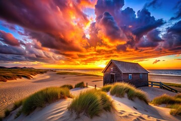 Boathouse and dunes create a dreamy silhouette at Chatham, Cape Cod.