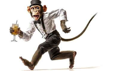 A dressed monkey joyfully runs while holding a cocktail, combining humor and whimsy in a playful scene.