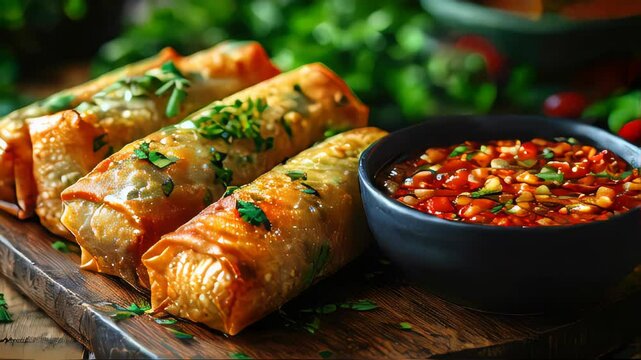 A plate of crispy spring rolls with a side of dipping sauce, garnished with fresh cilantro. Perfect for a food presentation or culinary theme