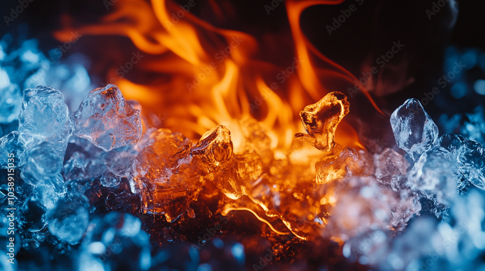 Poster contrasting elements of fire and ice create dynamic visual effects in a dramatic setting