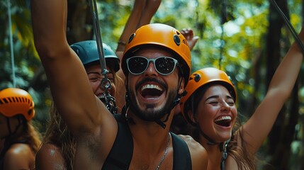 Adventurers enjoy a thrilling moment in nature, wearing helmets and celebrating with smiles amidst a lush green environment.
