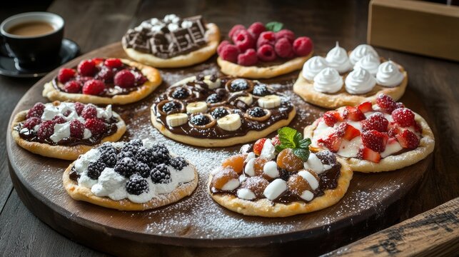 A tempting dessert pizza platter with options like Nutella-banana, s'mores, and fruit tart