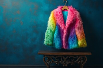 Vibrant Multicolor Faux Fur Coat on Ornate Table Against Textured Blue Wall - Fashionable Winter Trends in Modern Stock Photography