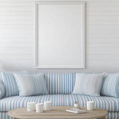 A white frame on the wall, a blue and white sofa, armchairs, coffee table in the living room. AI generation