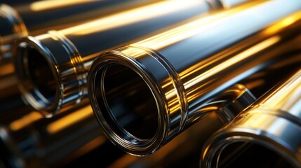 Naklejka premium A close-up of shiny metallic pipes reflecting light.