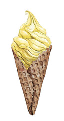 Yellow ice cream in chocolate waffle cone isolated on white background. Watercolor hand drawn illustration