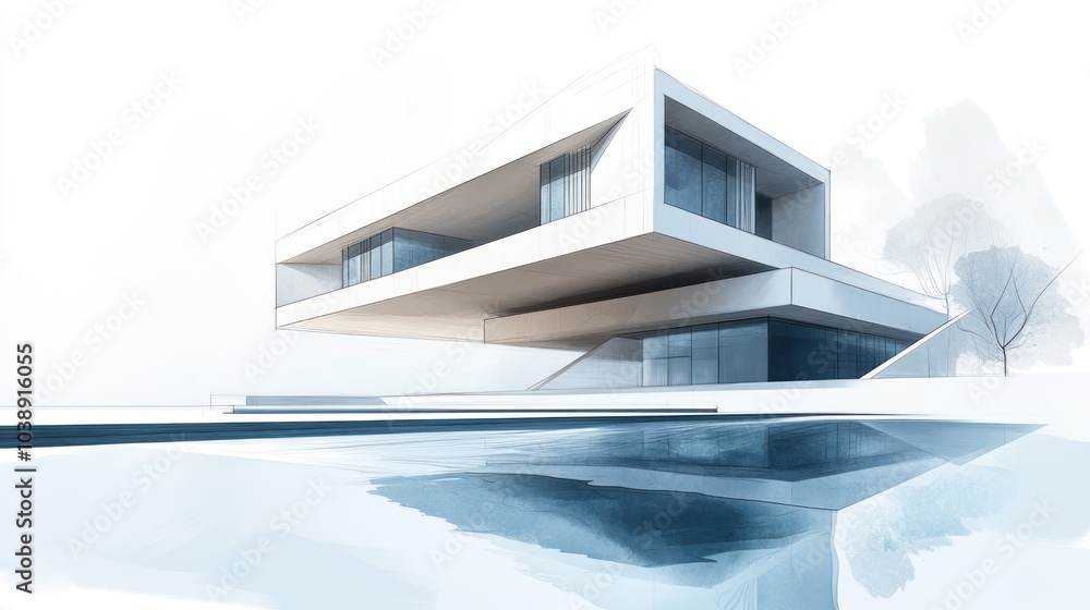 Poster modern architectural design featuring a cantilevered structure over a reflective pool.