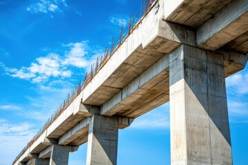 Obraz premium Vertical frame of elevated expressway under construction featuring precast concrete columns against a blue sky