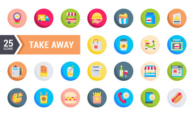 25 Colorful Take Away Food Icons in Circle Shape.