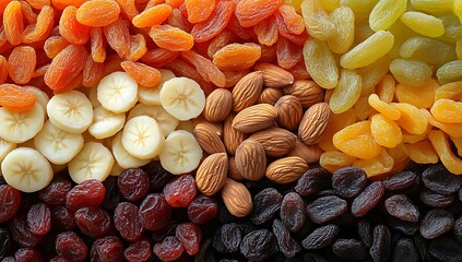 A variety of nuts and dried fruit are displayed in a colorful arrangement. Concept of abundance and variety, as well as the idea of healthy snacking. Background of delicious dried fruits and nuts.