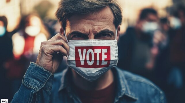 Person with a mask showing a 'Vote' message during a protest, capturing the essence of civic engagement.