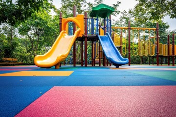 Vibrant outdoor playground features slides and jungle gym equipment