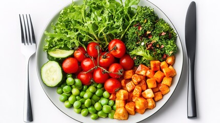 Segmented plate with various healthy food items including green vegetable