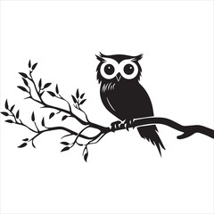 
Black ink tattoo design of an owl sitting on a tree branch, simple and clean, on a white background.