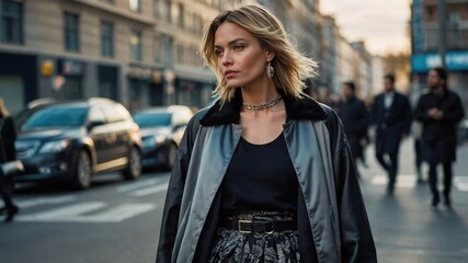 Obraz premium A woman walking on the city streets, enjoying the urban atmosphere with a confident expression