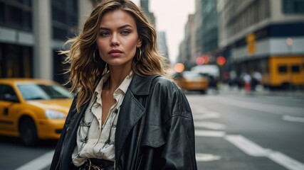 Fototapeta premium A woman walking on the city streets, enjoying the urban atmosphere with a confident expression