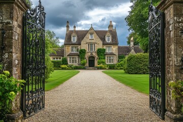 Victorian era English mansion with iron gates and gravel driveway
