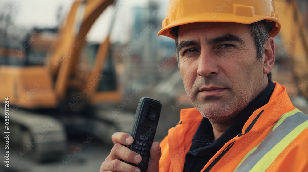 Poster a close-up of a construction supervisor in an orange hard hat and reflective jacket, holding a walki