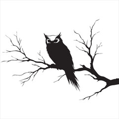 Fototapeta premium Black ink tattoo design of an owl sitting on a tree branch, simple and clean, on a white background.