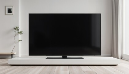 Fototapeta premium Empty TV screen mockup on modern white furniture in minimalistic living room