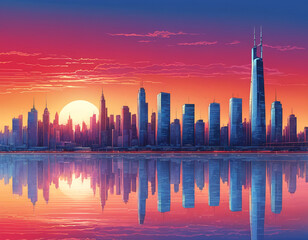 Silhouette of modern city at sunset	