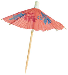 Red cocktail umbrella isolated on white background. Mini decorative paper umbrella, perfect for...
