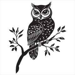 
Black ink tattoo design of an owl sitting on a tree branch, simple and clean, on a white background.
