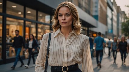 Obraz premium A woman walking on the city streets, enjoying the urban atmosphere with a confident expression
