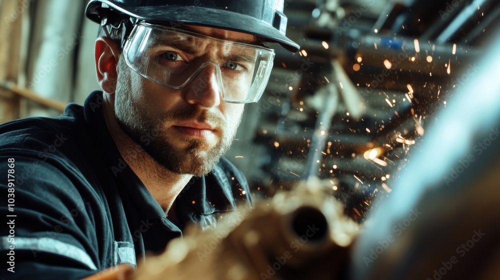 Poster A close-up of a construction worker in a black hard hat and reflective vest, using a laser level and looking at the camera, with a backdrop of construction framework and tools