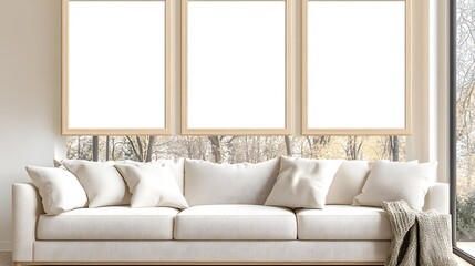 A living room with three picture frames on the wall, each frame is blank and in a mockup style. The frames have wooden edges and hang above an elegant sofa in front of large windows that reveal a gard
