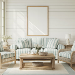 A white frame on the wall, a blue and white sofa, armchairs, coffee table in the living room. AI generation