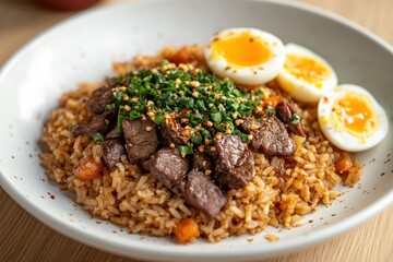 Wagyu beef topped fried rice with crispy garlic and pickled egg yolks on a white plate resting on a wooden table