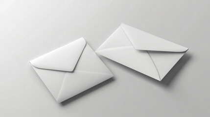 Simple white envelopes are arranged neatly on light surface, showcasing their clean design and smooth texture. These envelopes evoke sense of organization and simplicity