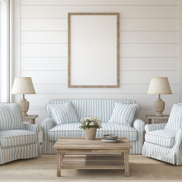 A white frame on the wall, a blue and white sofa, armchairs, coffee table in the living room. AI generation