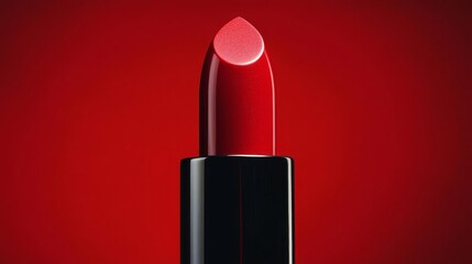 Vibrant red lipstick on a black tube against a striking red background.