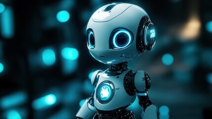 Fototapeta premium A futuristic robot with glowing blue eyes, set against a blurred, tech-inspired background.