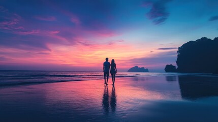 A couple enjoying a serene sunset on the beach, reflecting on the water.