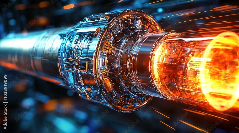 Poster a futuristic energy source emits bright light, showcasing intricate machine details and a dynamic se