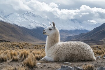 White llama relaxing post meal