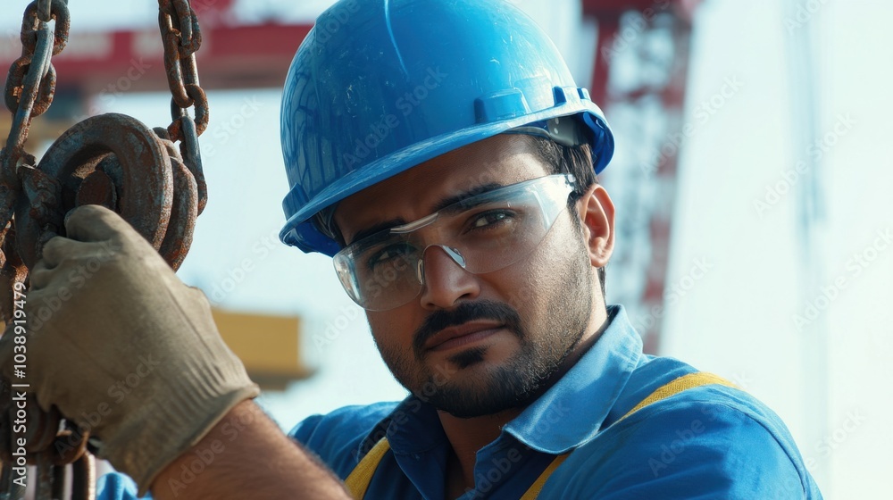 Poster a close-up of a construction worker in a blue hard hat and gray work shirt, using a laser level and 