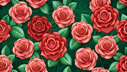 Seamless rose pattern with vibrant red and pink flowers on green leaves.