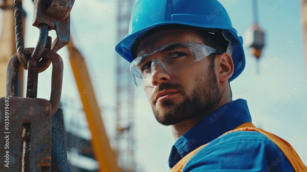 Poster A close-up of a construction worker in a blue hard hat and gray work shirt, using a laser level and looking at the camera, with a backdrop of construction frames and measuring instruments