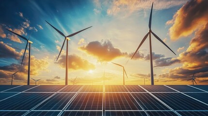 Solar panels and wind turbines under a vibrant sunset, highlighting renewable energy.