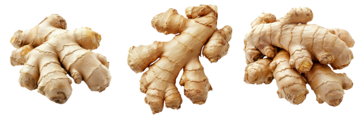 Set of Fresh ginger root alongside finely grated ginger isolated on a clean white surface on transparent background. Ai generated