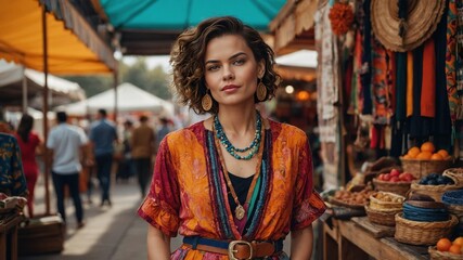 Obraz premium A young woman stands confidently in front of a bustling market, surrounded by colorful stalls and fresh produce. Her expression reflects excitement and curiosity