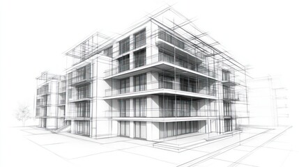 Architectural sketch of a modern building design with detailed lines and structure.