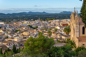 Obraz premium Aerial view of the Mallorcan town of Arta, on the island of Mallorca at sunrise. Spain