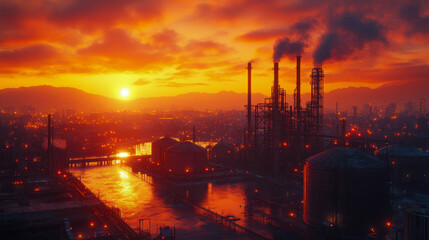 A breathtaking sunset scene with industrial storage tanks and chimneys, the sky illuminated in deep orange hues with smoke rising, reflecting off the water below