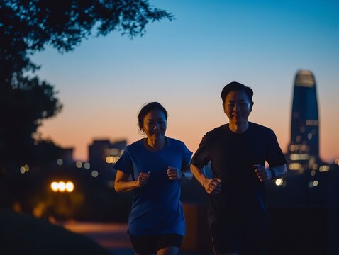 A man and a woman jogging in the city at dusk